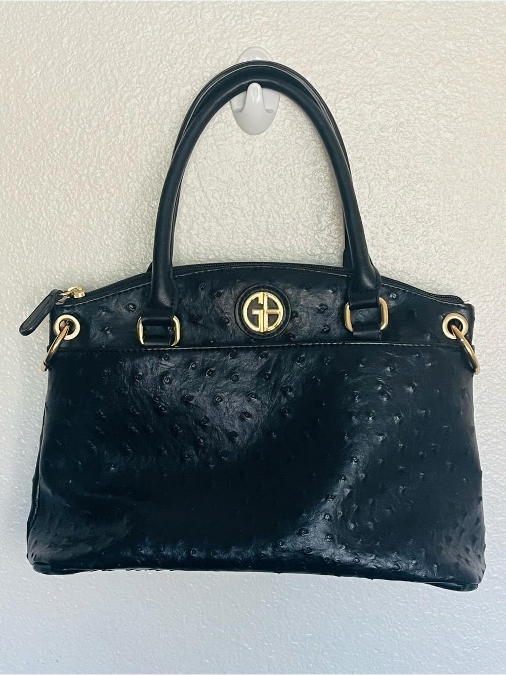 Giani Bernini Black Faux Ostrich Tote Bag with Gold Logo